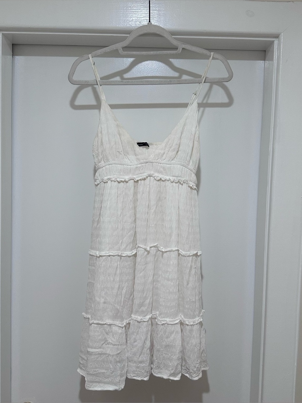 Bershka White Tiered Spaghetti-Strap Midi Dress with V-Neck